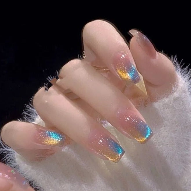 Designer: DuoDuo 1201.Handmade nails Press on Nails DIY Nail Art for woman girl French Cat Eyes Long Coffin pink colorful