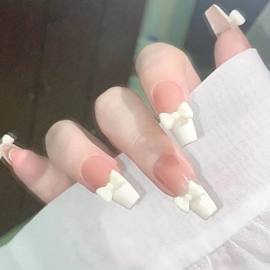 Designer: DuoDuo 1107.Handmade nails Press on Nails DIY Nail Art for woman girl French Long Coffin pink white