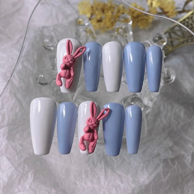 Designer: DuoDuo 1620.Handmade nails Press on Nails DIY Nail Art for woman girl Long Coffin blue