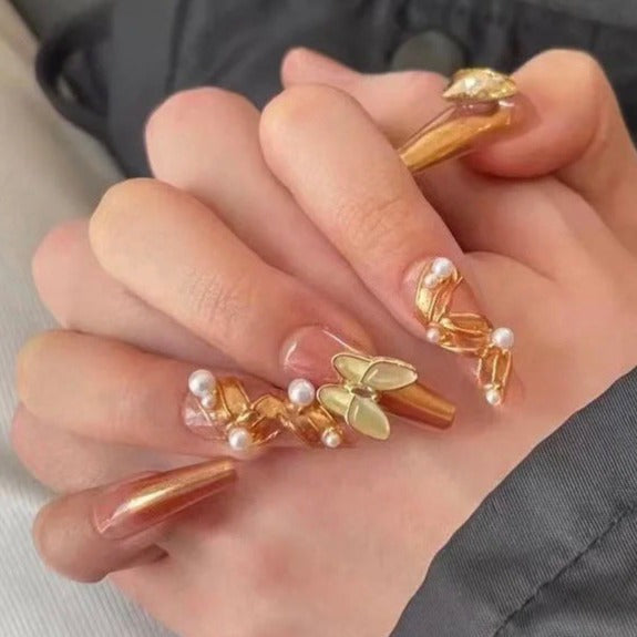 Designer: DuoDuo 2003.Handmade nails Press on Nails DIY Nail Art for woman girl Long Coffin gold