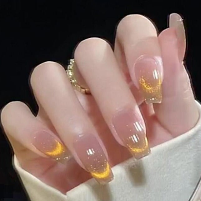 Designer: DuoDuo 1203.Handmade nails Press on Nails DIY Nail Art for woman girl French Cat Eyes Long Coffin yellow