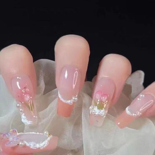 Designer: DuoDuo 1110.Handmade nails Press on Nails DIY Nail Art for woman girl Long Coffin pink French