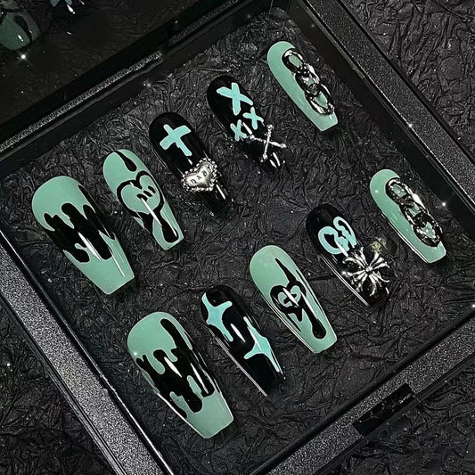 Designer: PinPin 1403.Handmade nails Press on Nails DIY Nail Art for woman girl Long Coffin green black Metal