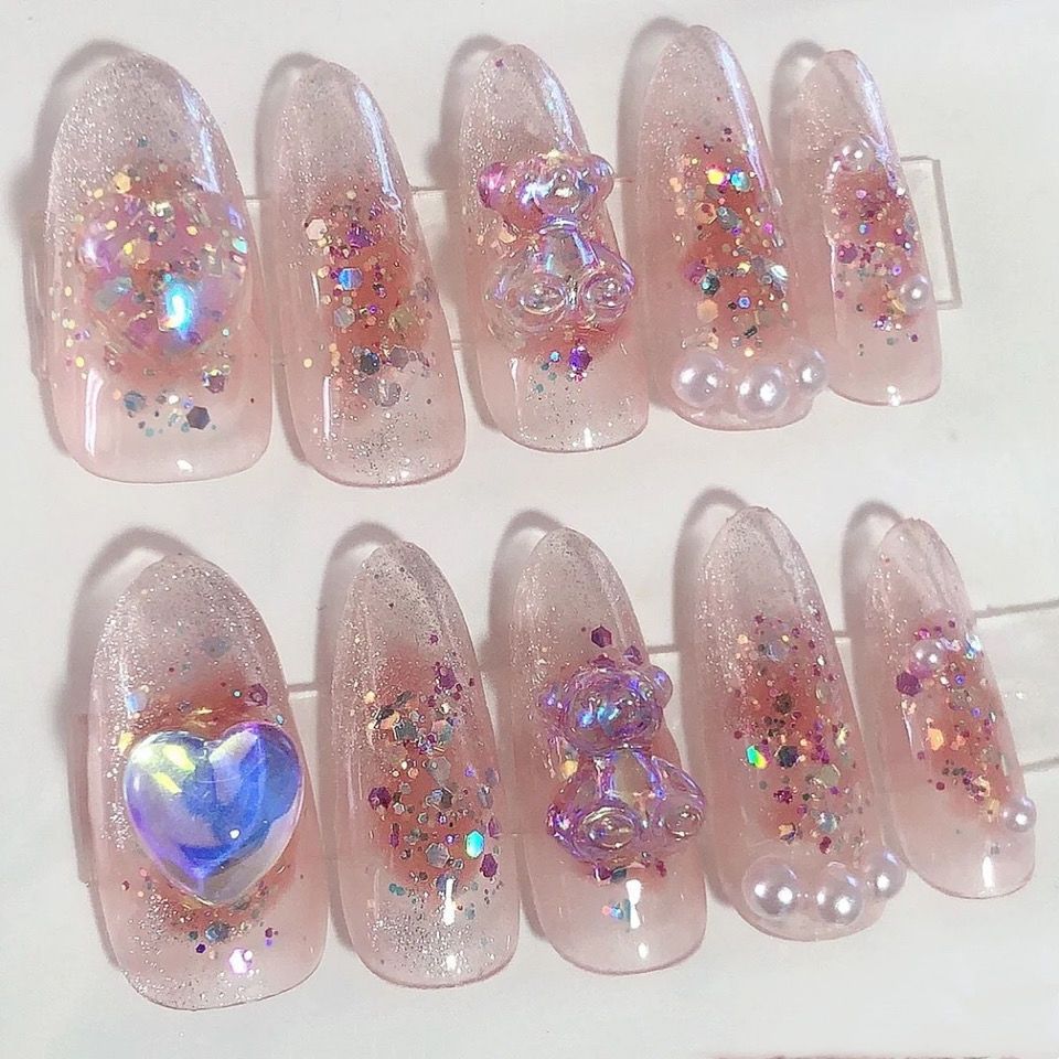 Designer: PinPin 1228.Handmade nails Press on Nails DIY Nail Art for woman girl Almond Long pink