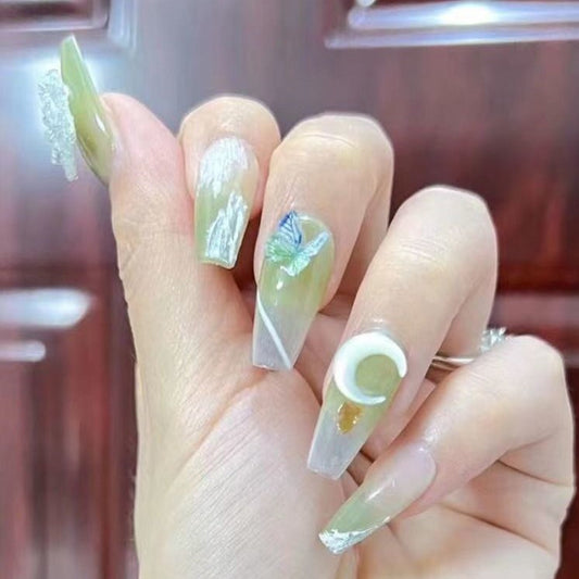 Designer: DuoDuo 3028.Handmade nails Press on Nails DIY Nail Art for woman girl French Long Coffin green