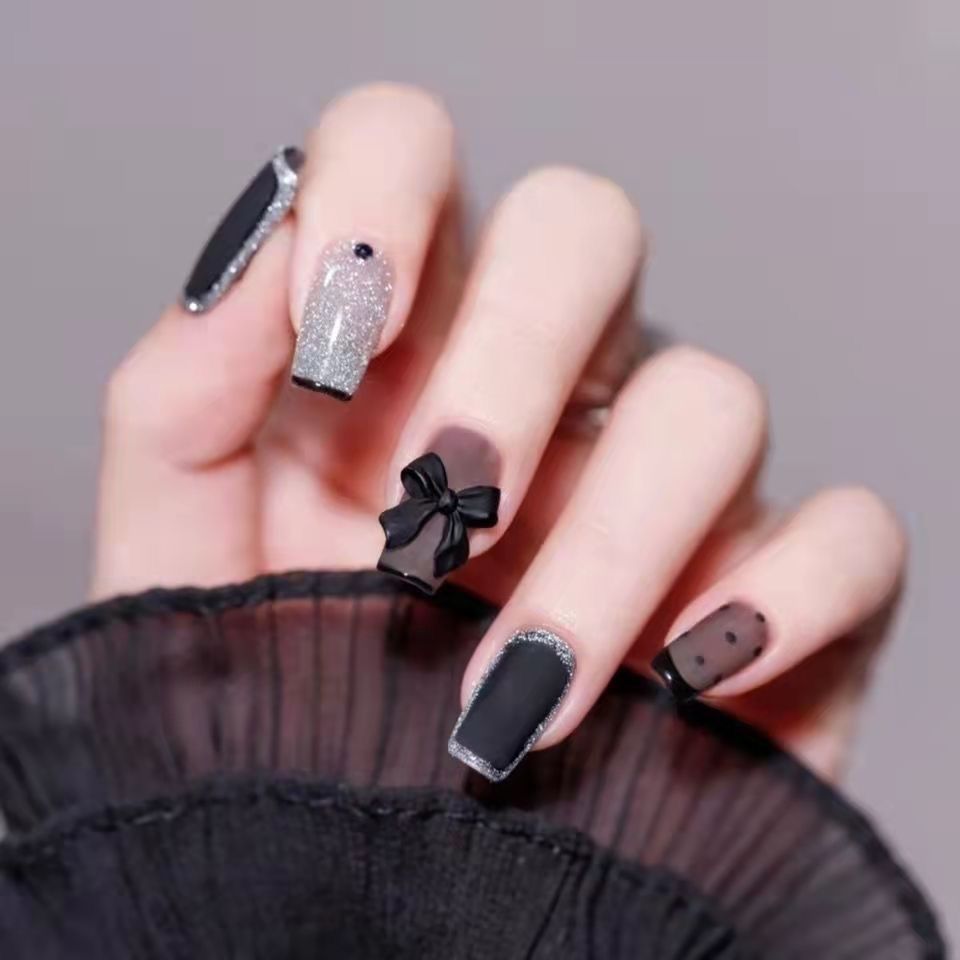 Designer: DuoDuo 1244.Handmade nails Press on Nails DIY Nail Art for woman girl Short Coffin black