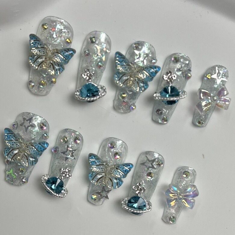 Designer: PinPin 1008.Handmade nails Press on Nails DIY Nail Art for woman girl Long Coffin silver