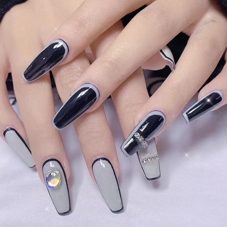 Designer: DuoDuo 1265.Handmade nails Press on Nails DIY Nail Art for woman girl Long Coffin black gray rhinestone