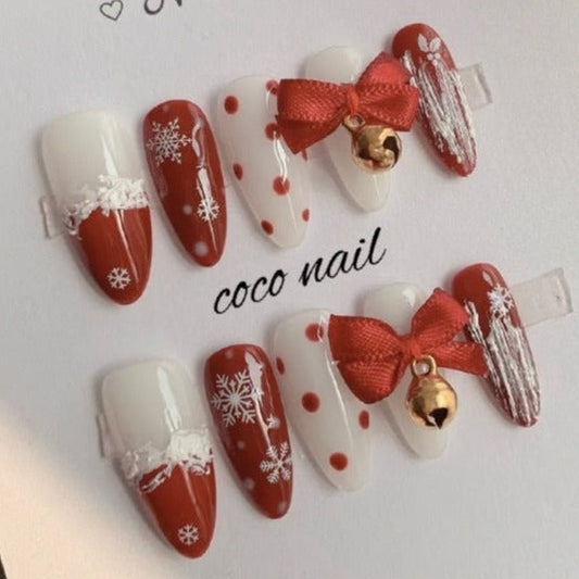 Designer: PinPin 1613.Handmade nails Press on Nails DIY Nail Art for woman girl Almond red white  Christmas