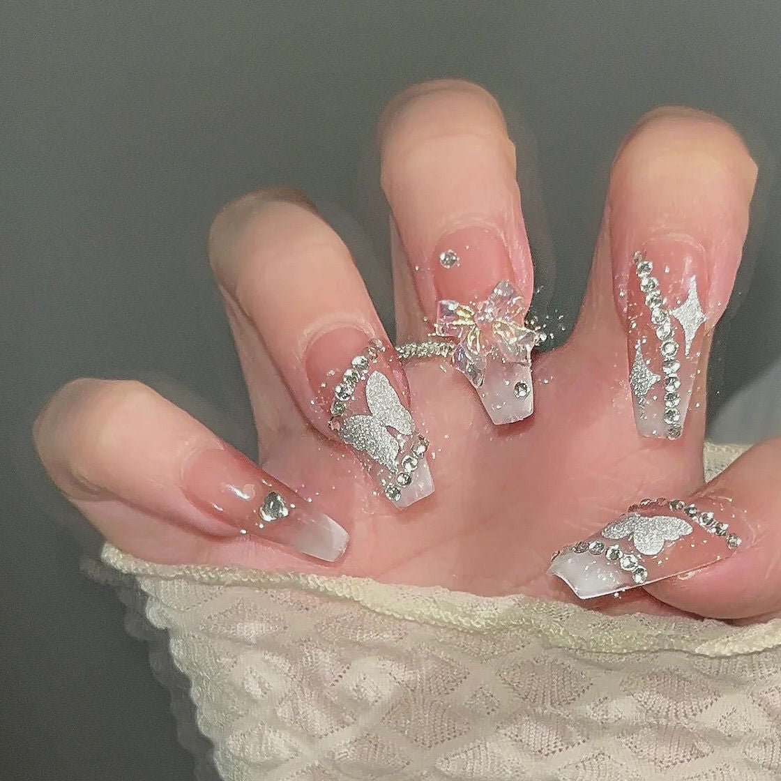 Designer: DuoDuo 1112.Handmade nails Press on Nails DIY Nail Art for woman girl Long Coffin pink wedding rhinestone