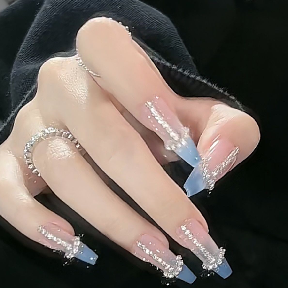 Designer: DuoDuo 2006.Handmade nails Press on Nails DIY Nail Art for woman girl  French Long Coffin pink blue