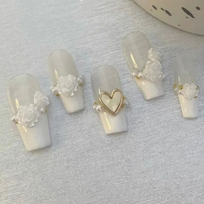 Designer: PinPin 3019.Handmade nails Press on Nails DIY Nail Art for woman girl French Long Coffin white