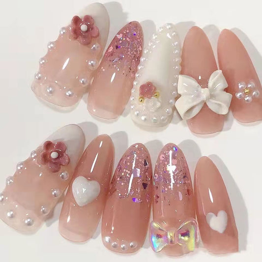 Designer: PinPin 1215.Handmade nails Press on Nails DIY Nail Art for woman girl Almond Long pink Cartoon