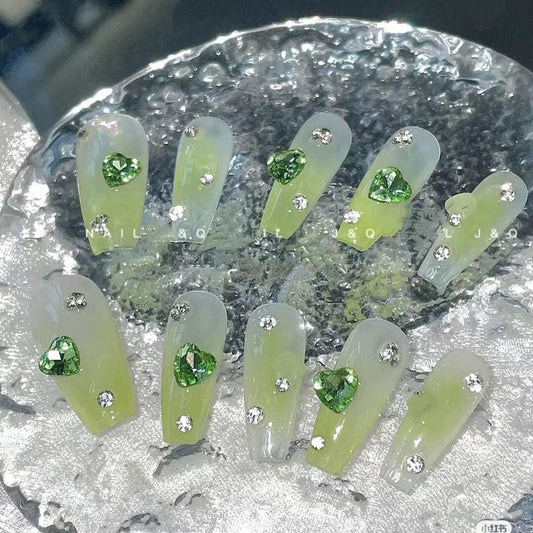 Designer: PinPin 1118.Handmade nails Press on Nails DIY Nail Art for woman girl green Long Coffin rhinestone