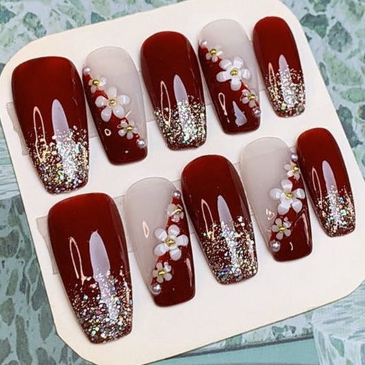 Designer: PinPin 1211.Handmade nails Press on Nails DIY Nail Art for woman girl Long Coffin red