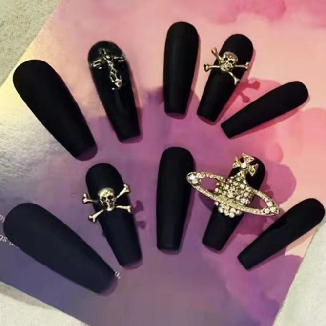 Designer: PinPin 1263.Handmade nails Press on Nails DIY Nail Art for woman girl Long Coffin black Metal