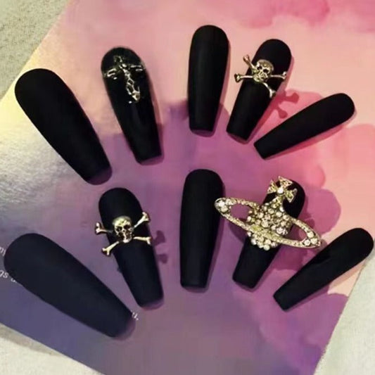 Designer: PinPin 1263.Handmade nails Press on Nails DIY Nail Art for woman girl Long Coffin black Metal