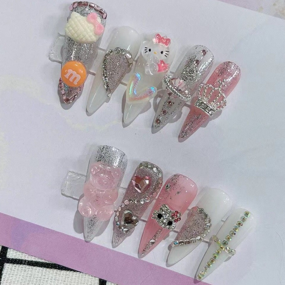 Designer: PinPin 1011.Handmade nails Press on Nails DIY Nail Art for woman girl Almond Long Cartoon