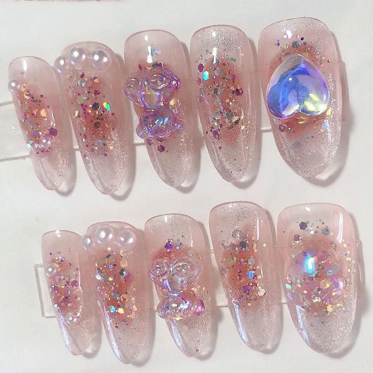 Designer: PinPin 1228.Handmade nails Press on Nails DIY Nail Art for woman girl Almond Long pink