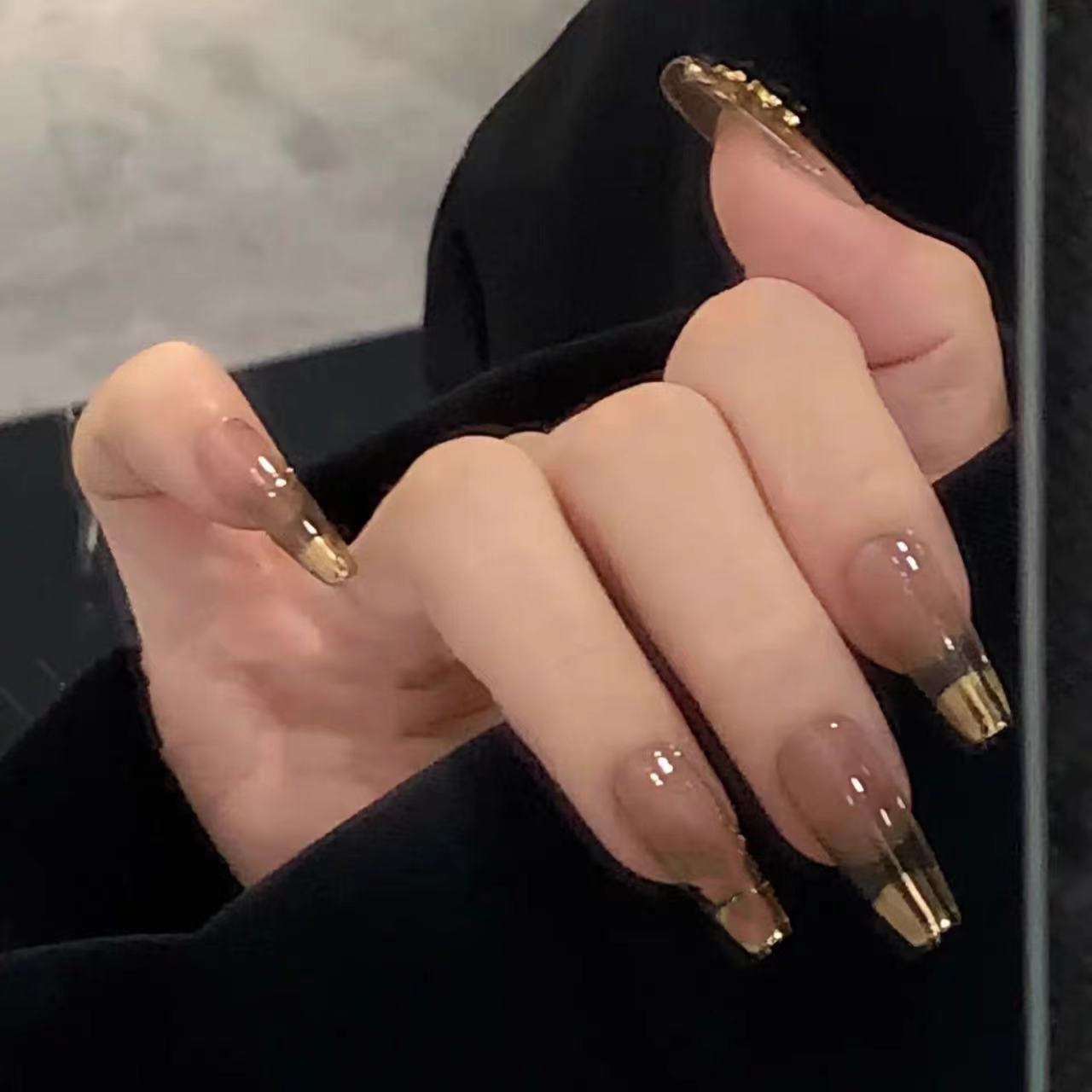 Designer: DuoDuo 2039.Handmade nails Press on Nails DIY Nail Art for woman girl Long Coffin gold