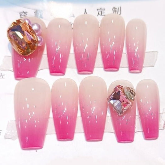 Designer: PinPin 3032.Handmade nails Press on Nails DIY Nail Art for woman girl French Long Coffin pink