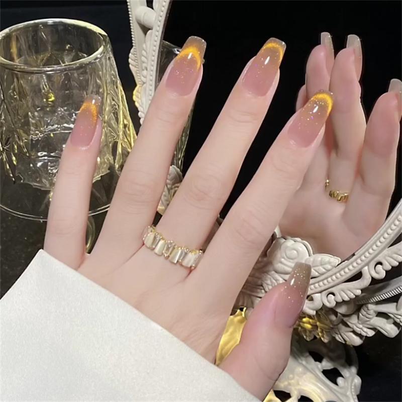 Designer: DuoDuo 1203.Handmade nails Press on Nails DIY Nail Art for woman girl French Cat Eyes Long Coffin yellow