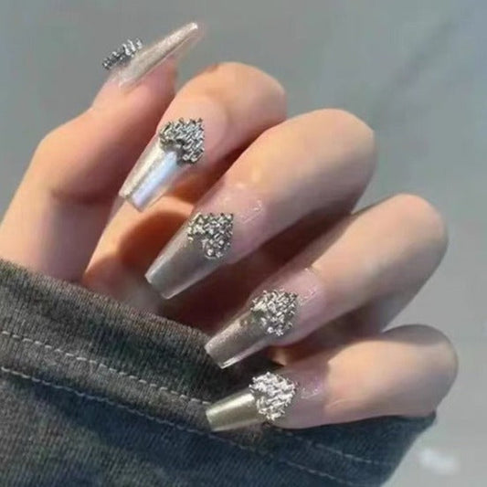 Designer: DuoDuo 2055.Handmade nails Press on Nails DIY Nail Art for woman girl French Long Coffin silver