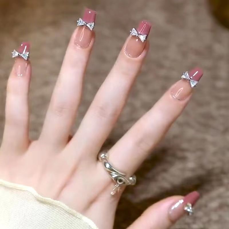 Designer: DuoDuo 1013.Handmade nails Press on Nails DIY Nail Art for woman girl French Shining Long Coffin pink