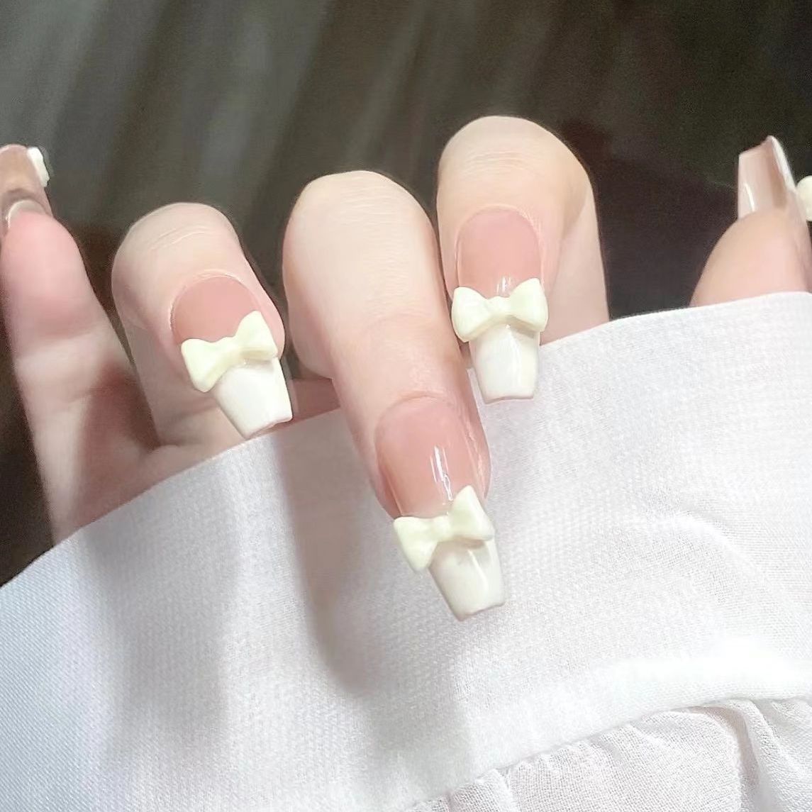 Designer: DuoDuo 1107.Handmade nails Press on Nails DIY Nail Art for woman girl French Long Coffin pink white