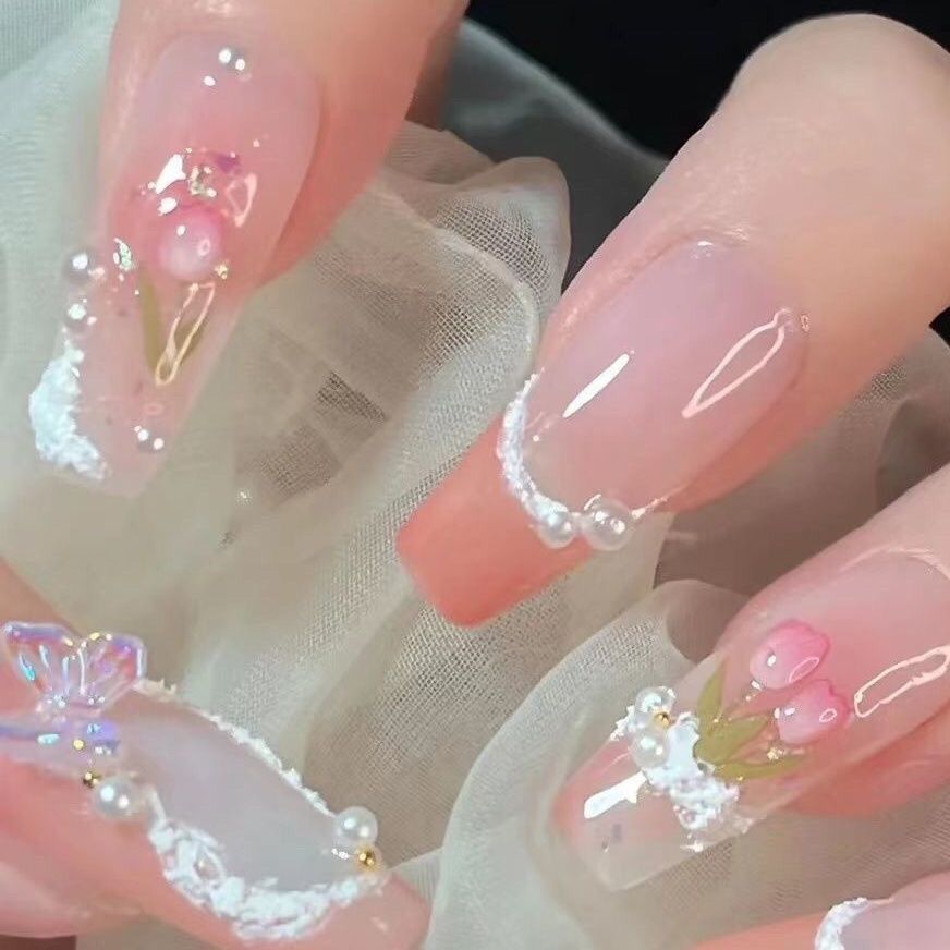 Designer: DuoDuo 1110.Handmade nails Press on Nails DIY Nail Art for woman girl Long Coffin pink French