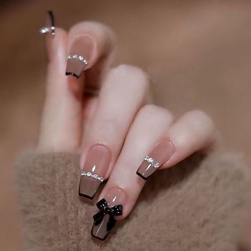 Designer: DuoDuo 1109.Handmade nails Press on Nails DIY Nail Art for woman girl French Long Coffin pink brown