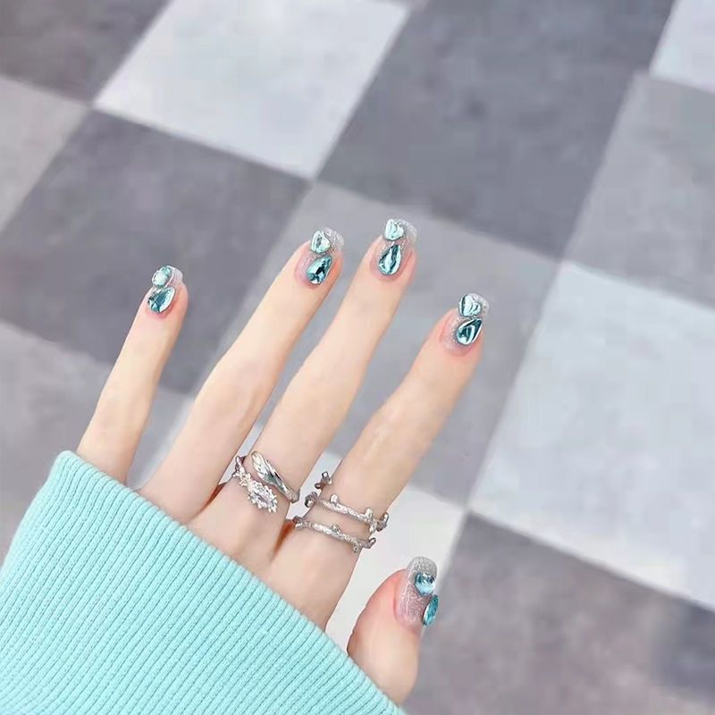 Designer: DuoDuo 3024.Handmade nails Press on Nails DIY Nail Art for woman girl Short blue