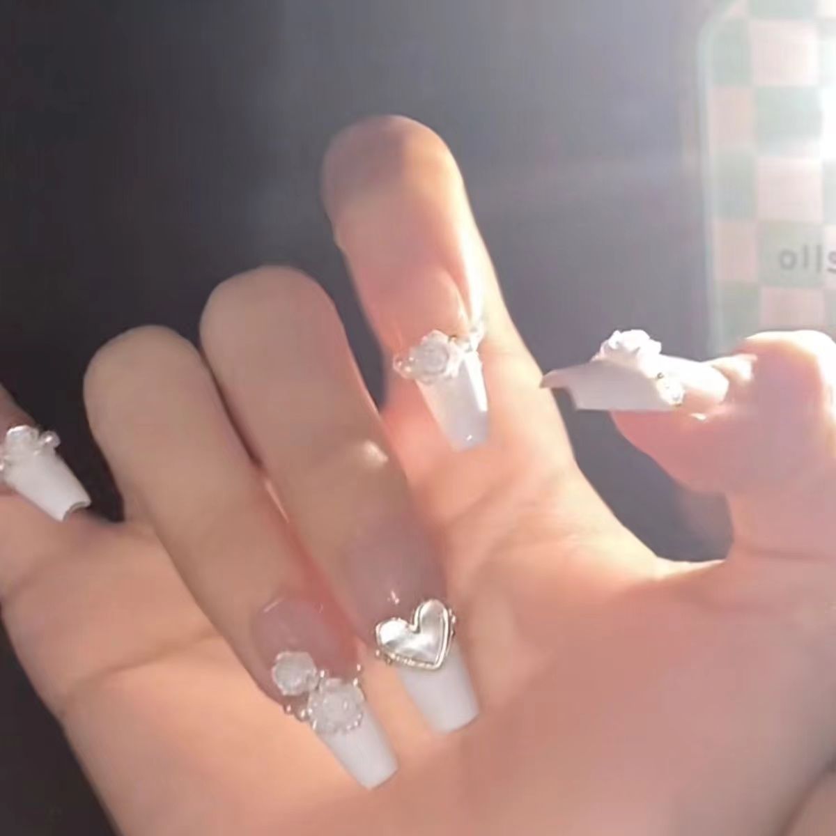 Designer: DuoDuo 1209.Handmade nails Press on Nails DIY Nail Art for woman girl French Long Coffin white