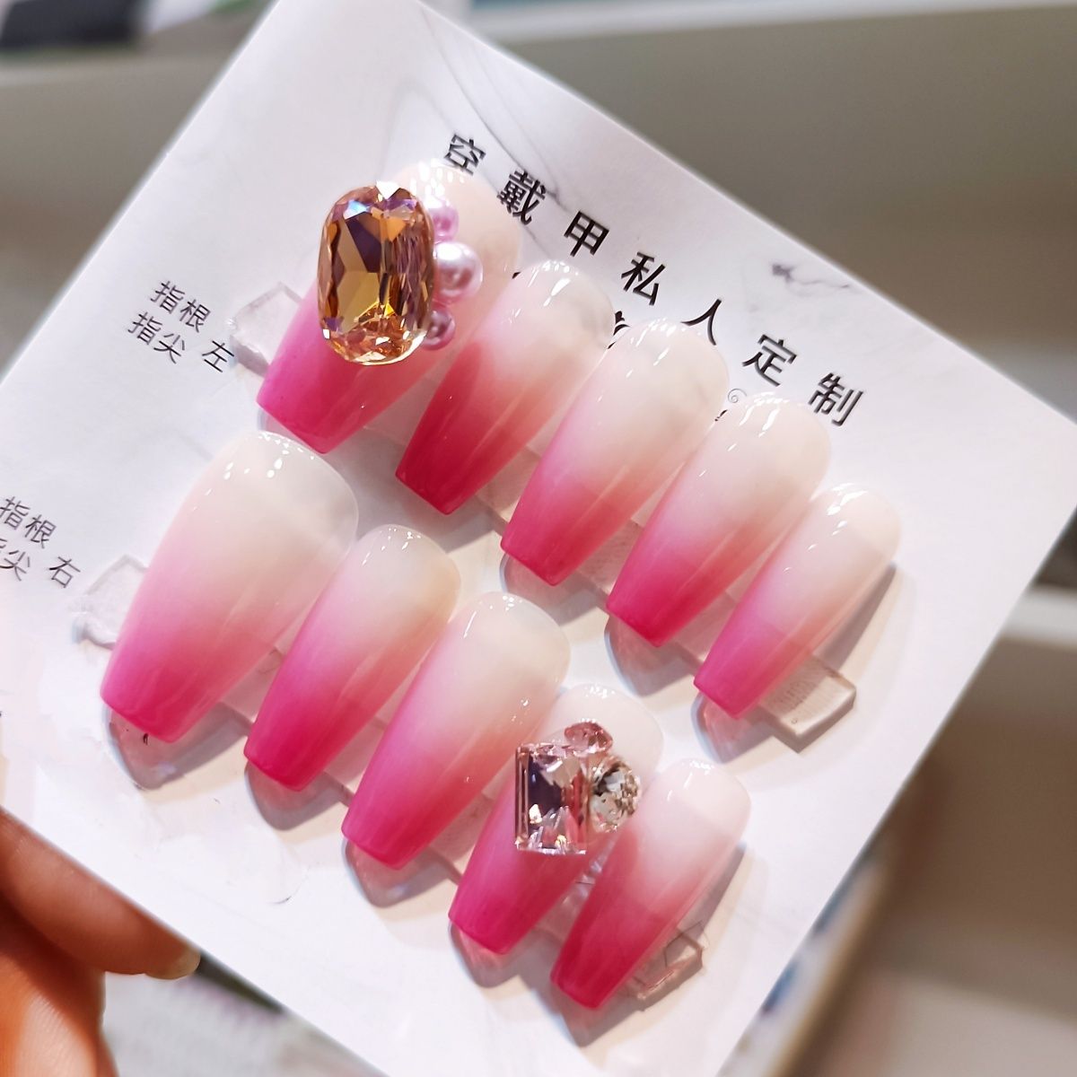 Designer: PinPin 3032.Handmade nails Press on Nails DIY Nail Art for woman girl French Long Coffin pink