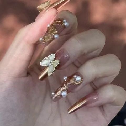 Designer: DuoDuo 2003.Handmade nails Press on Nails DIY Nail Art for woman girl Long Coffin gold