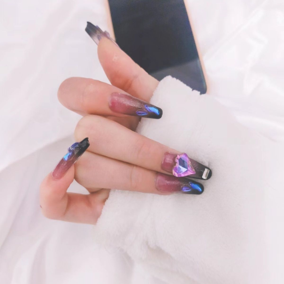 Designer: DuoDuo 3029.Handmade nails Press on Nails DIY Nail Art for woman girl French Cat Eyes Long Coffin purple