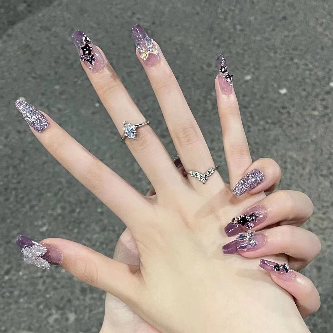 Designer: DuoDuo 1100.Handmade nails Press on Nails DIY Nail Art for woman girl Long Coffin purple wedding