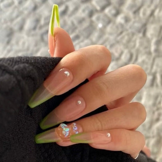 Designer: DuoDuo 2061.Handmade nails Press on Nails DIY Nail Art for woman girl French Long Coffin green