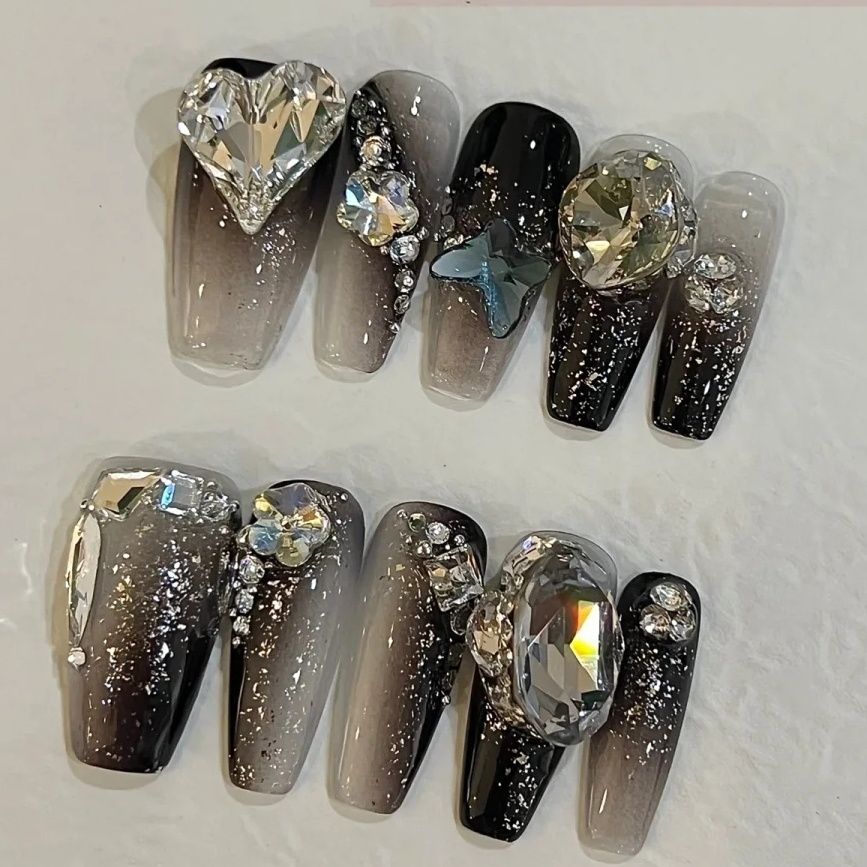 Designer: PinPin 1261.Handmade nails Press on Nails DIY Nail Art for woman girl Long Coffin black gray rhinestone