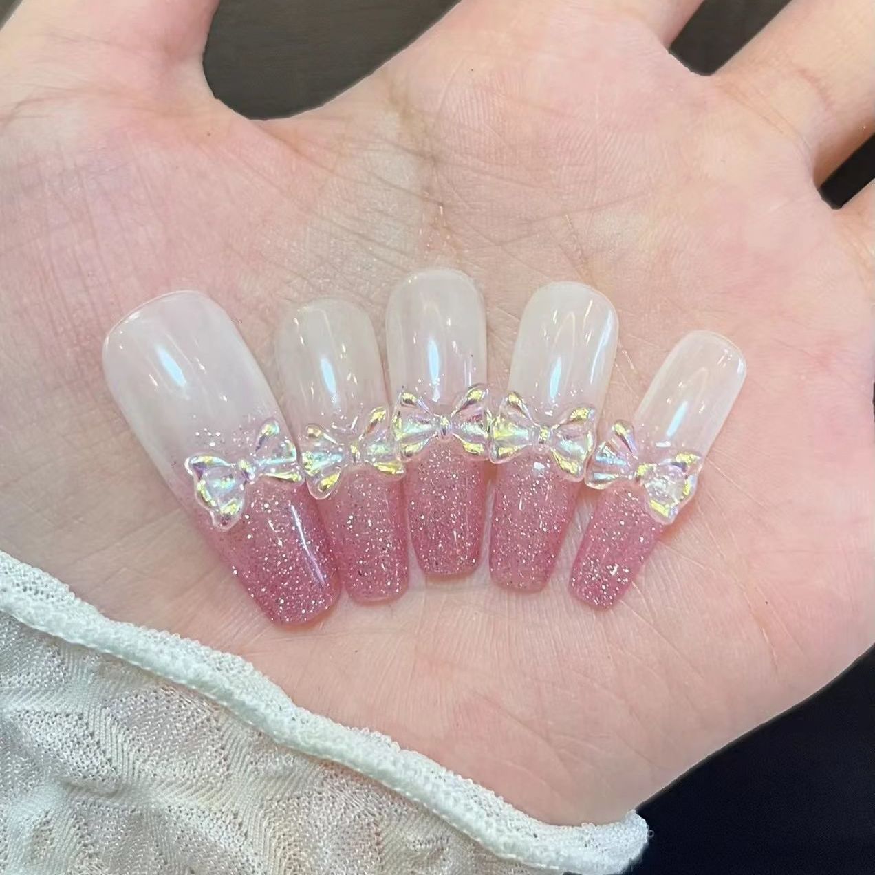 Designer: DuoDuo 1121.Handmade nails Press on Nails DIY Nail Art for woman girl French Long Coffin pink Shining