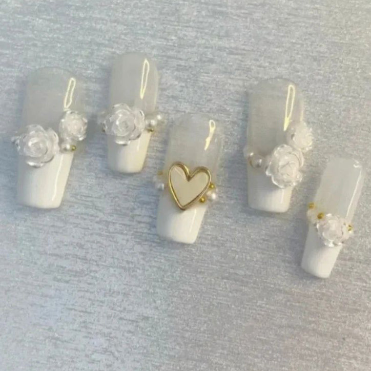 Designer: PinPin 3019.Handmade nails Press on Nails DIY Nail Art for woman girl French Long Coffin white