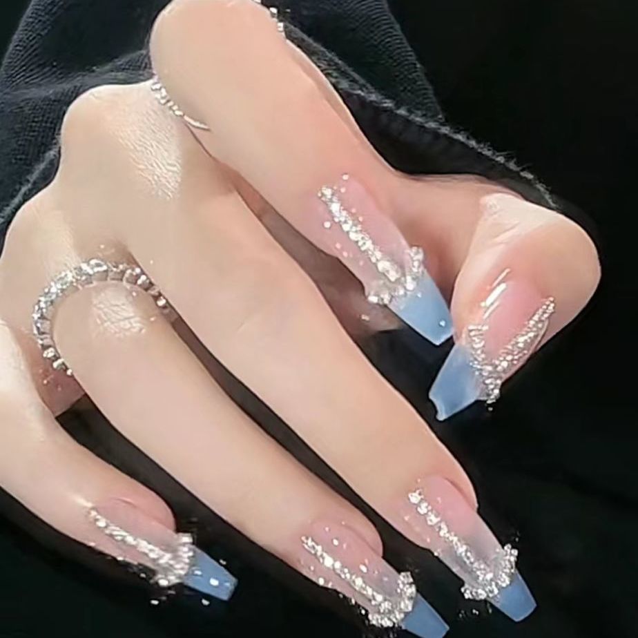 Designer: DuoDuo 1120.Handmade nails Press on Nails DIY Nail Art for woman girl French Long Coffin pink rhinestone