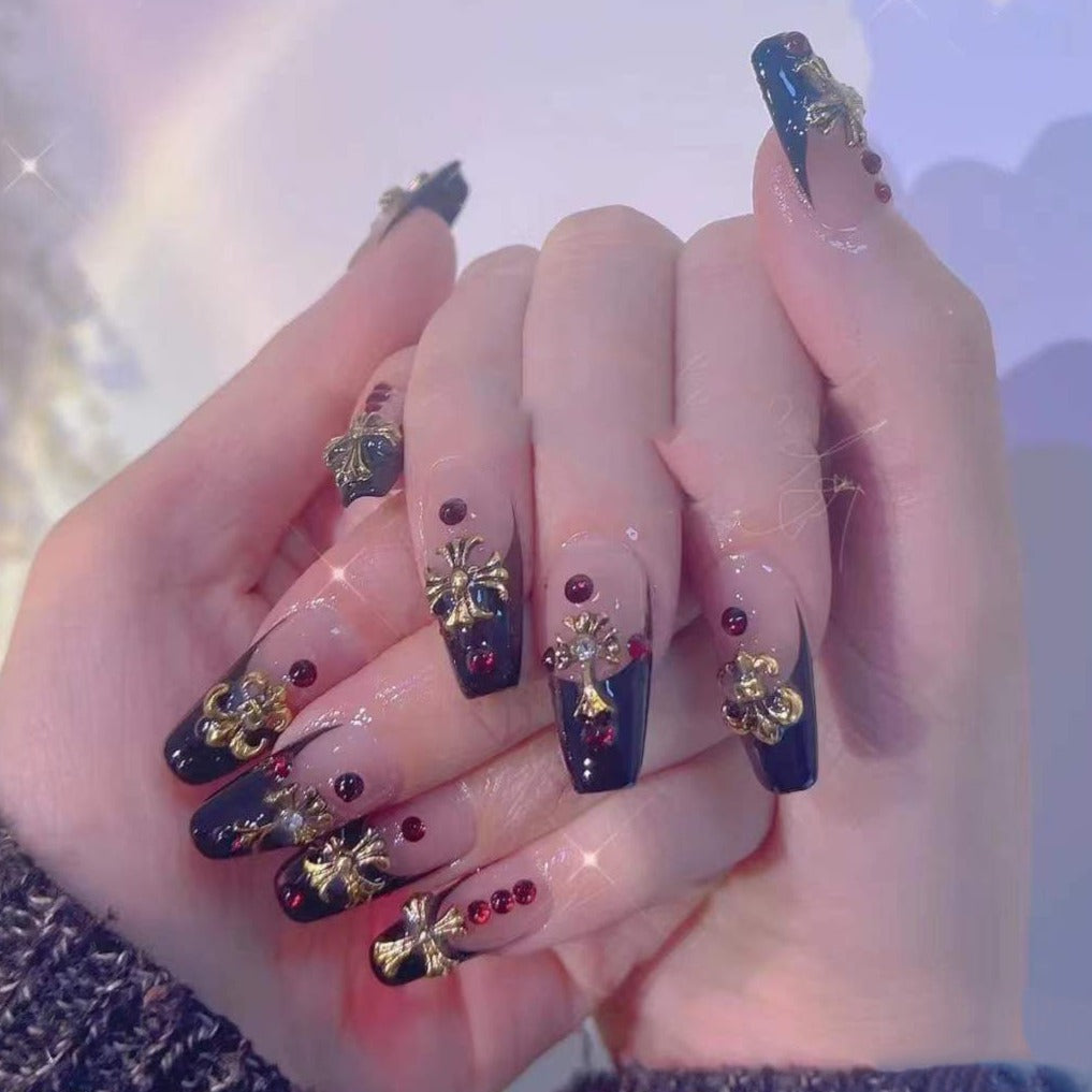 Designer: PinPin 1020.Handmade nails Press on Nails DIY Nail Art for woman girl Long Coffin Metal gold black