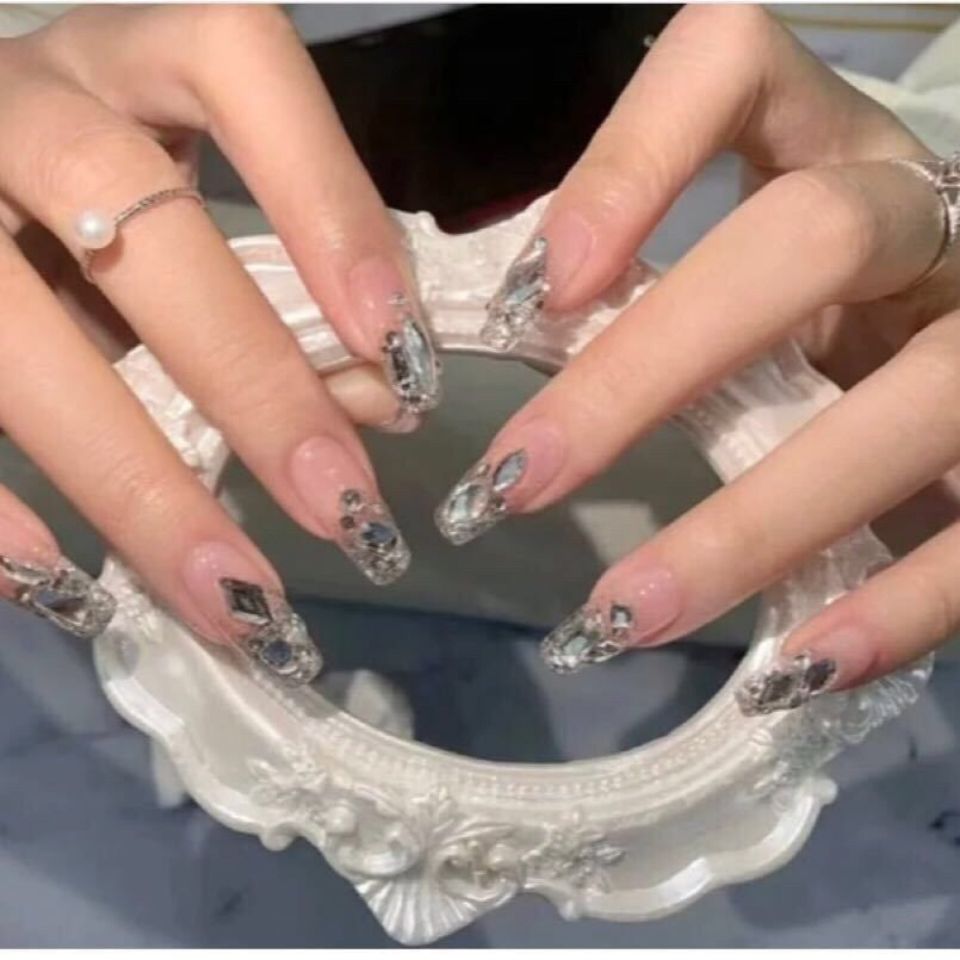 Designer: DuoDuo 1212.Handmade nails Press on Nails DIY Nail Art for woman girl Almond Long silver rhinestone