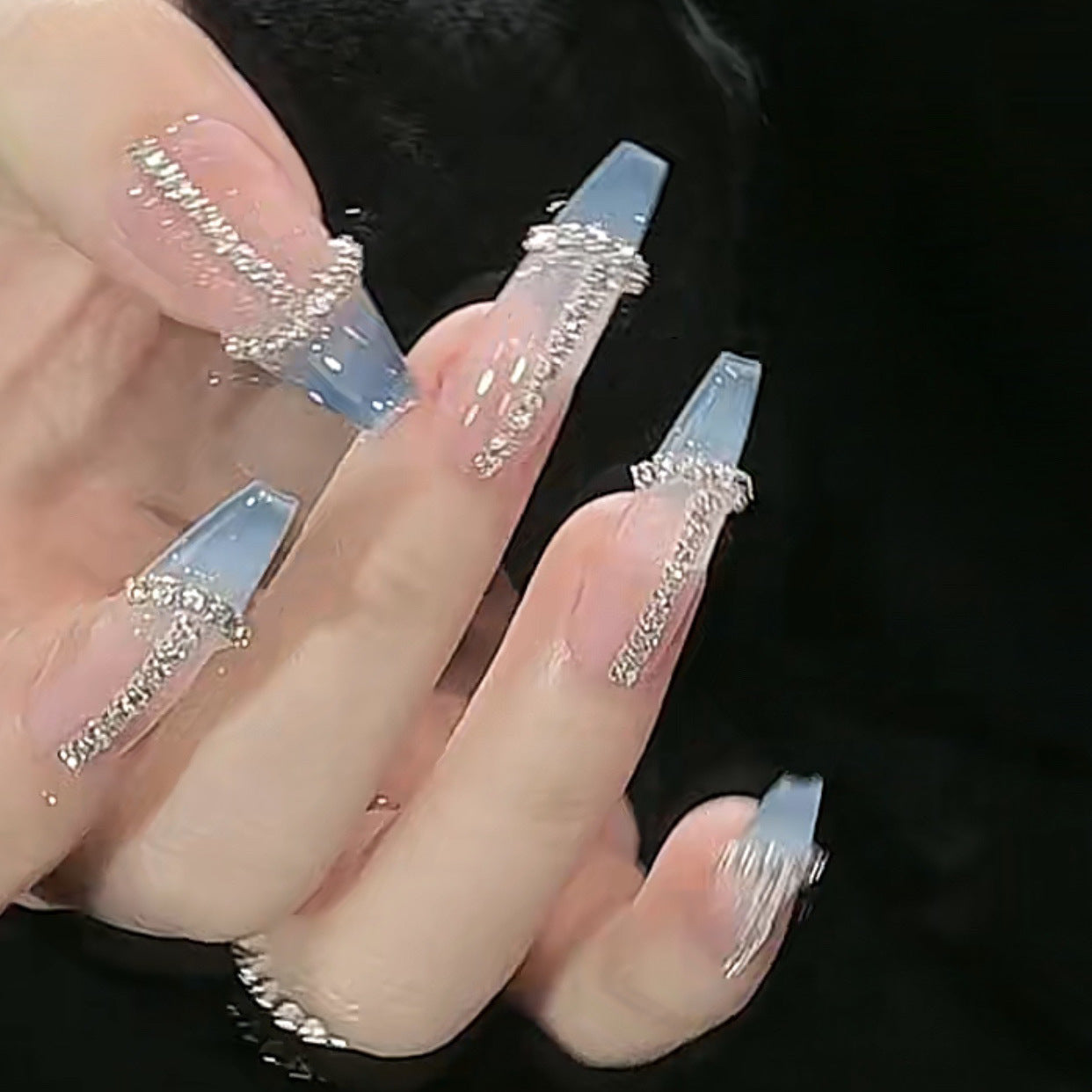 Designer: DuoDuo 2006.Handmade nails Press on Nails DIY Nail Art for woman girl  French Long Coffin pink blue