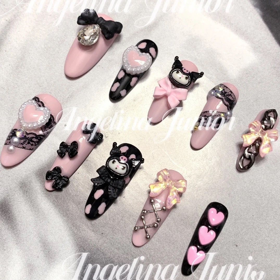 Designer: DuoDuo 1400.Handmade nails Press on Nails DIY Nail Art for woman girl Long Almond Cartoon pink