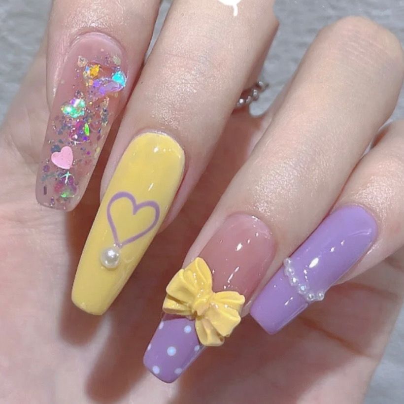 Designer: DuoDuo 2017.Handmade nails Press on Nails DIY Nail Art for woman girl Long Coffin purple yellow