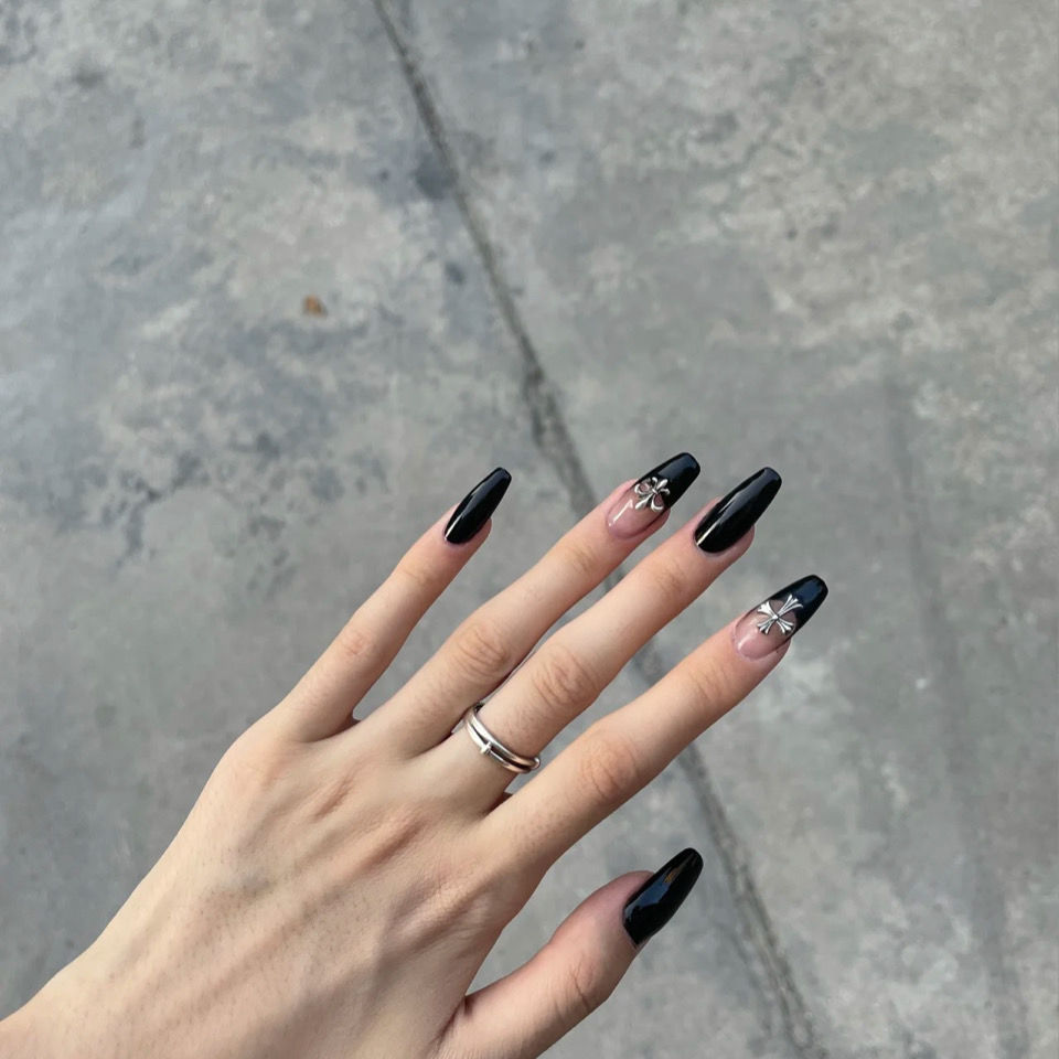 Designer: DuoDuo 2067.Handmade nails Press on Nails DIY Nail Art for woman girl Long Coffin black