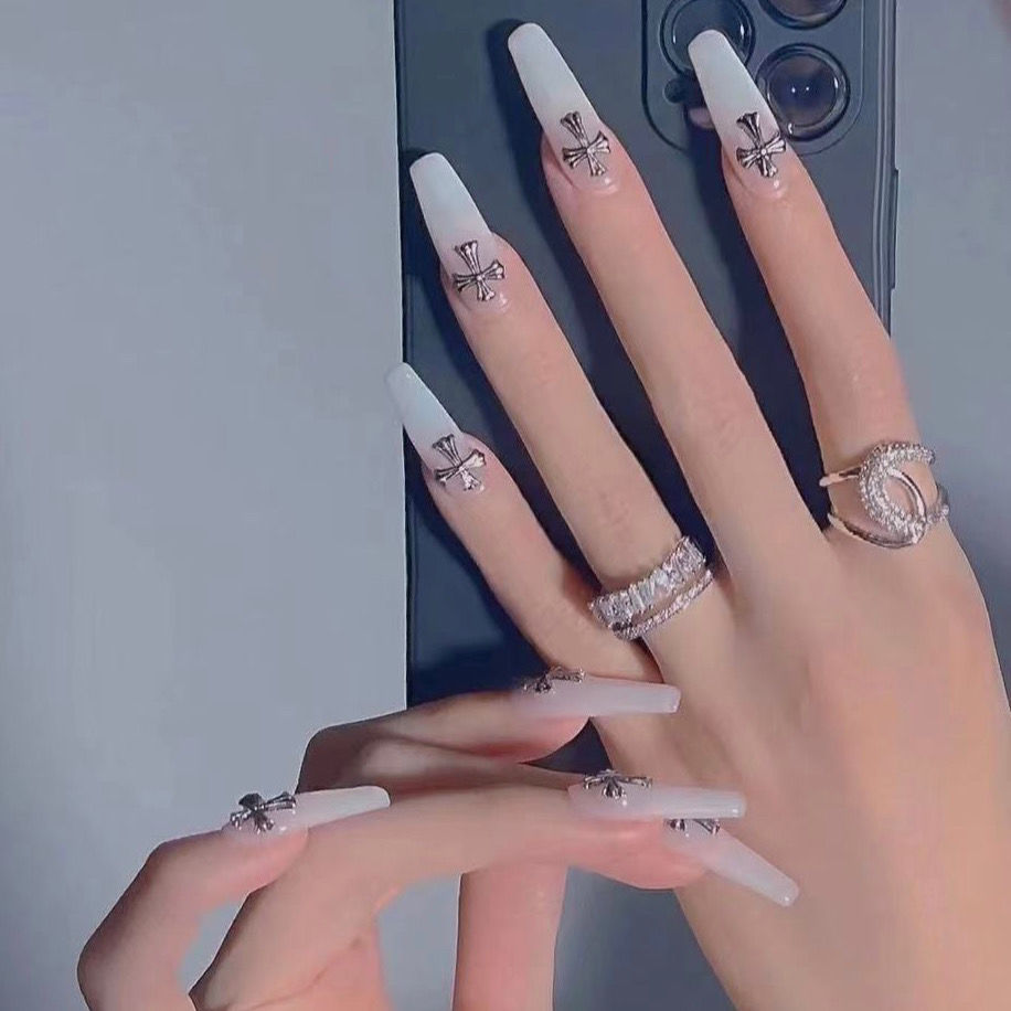 Designer: DuoDuo 2004.Handmade nails Press on Nails DIY Nail Art for woman girl Long Coffin white