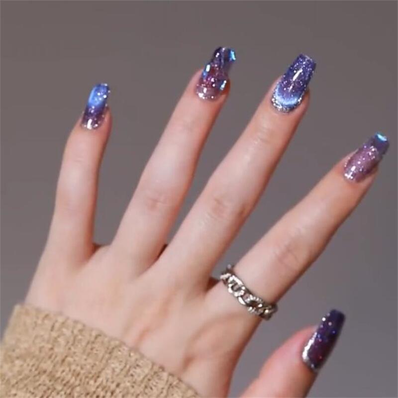 Designer: DuoDuo 1206.Handmade nails Press on Nails DIY Nail Art for woman girl Long Coffin Cat Eyes Shining